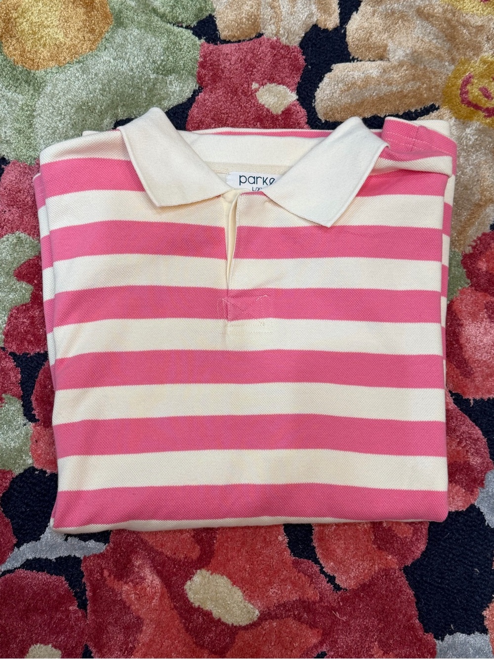 NEW Parke Flamingo Pink & White Striped Rugby Jersey L/XL Oversized Collared